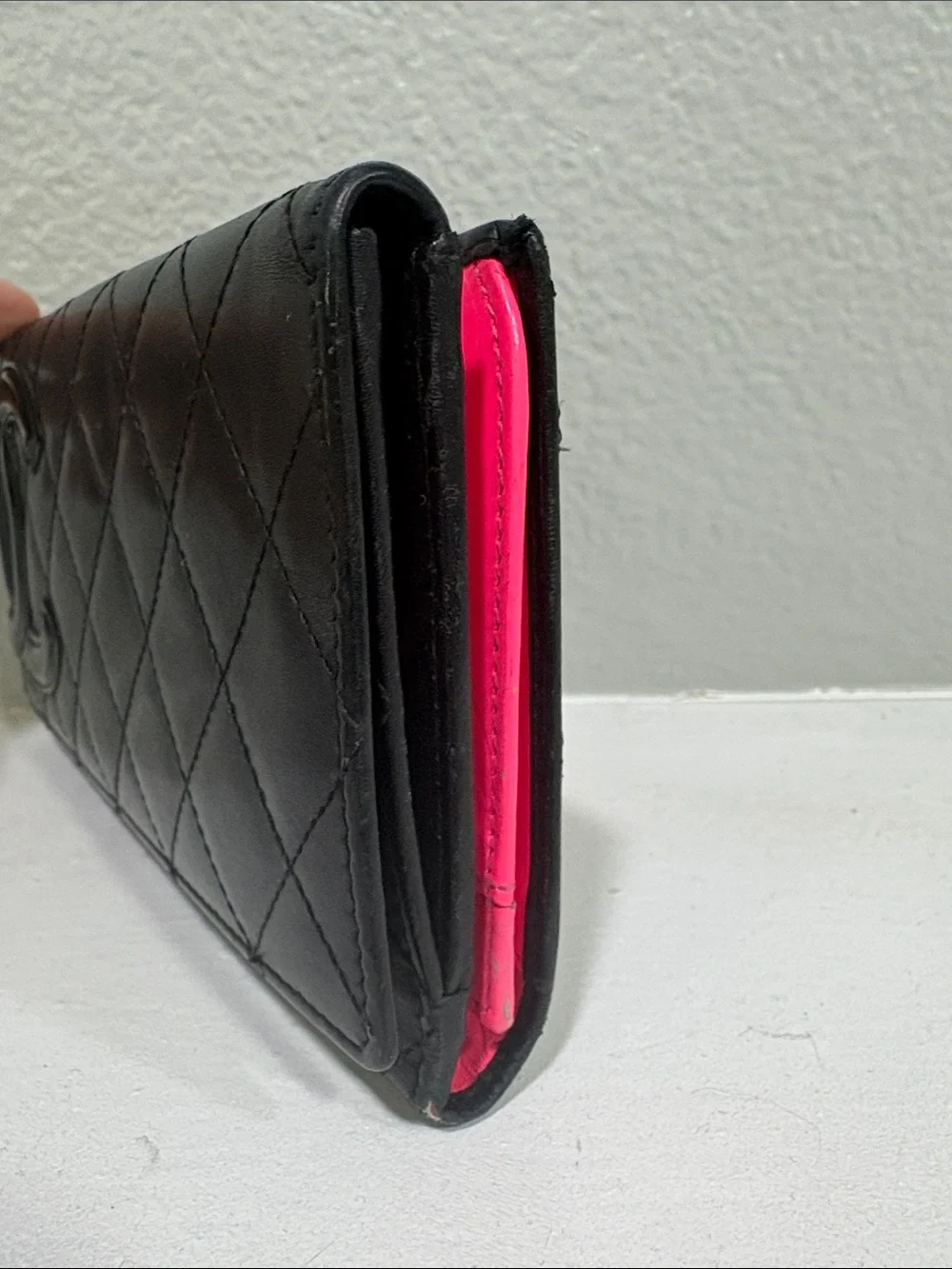 CHANEL Cambon Quilted Leather Flap Wallet pink interior